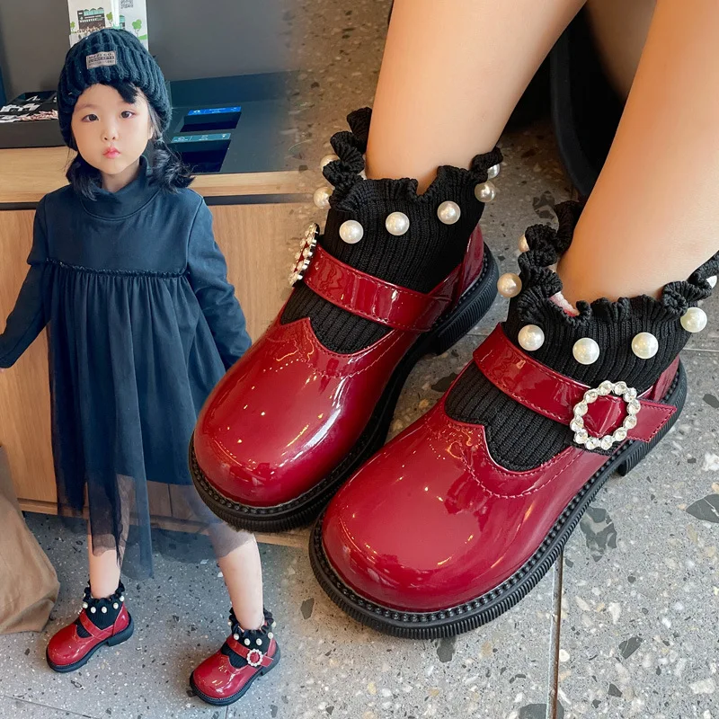 Kids Fashion Sock Shoes 2022 Winter with Little Pearls Solid Mary Jane Shoes Children PU Low Heels School Shoes for Baby Girls