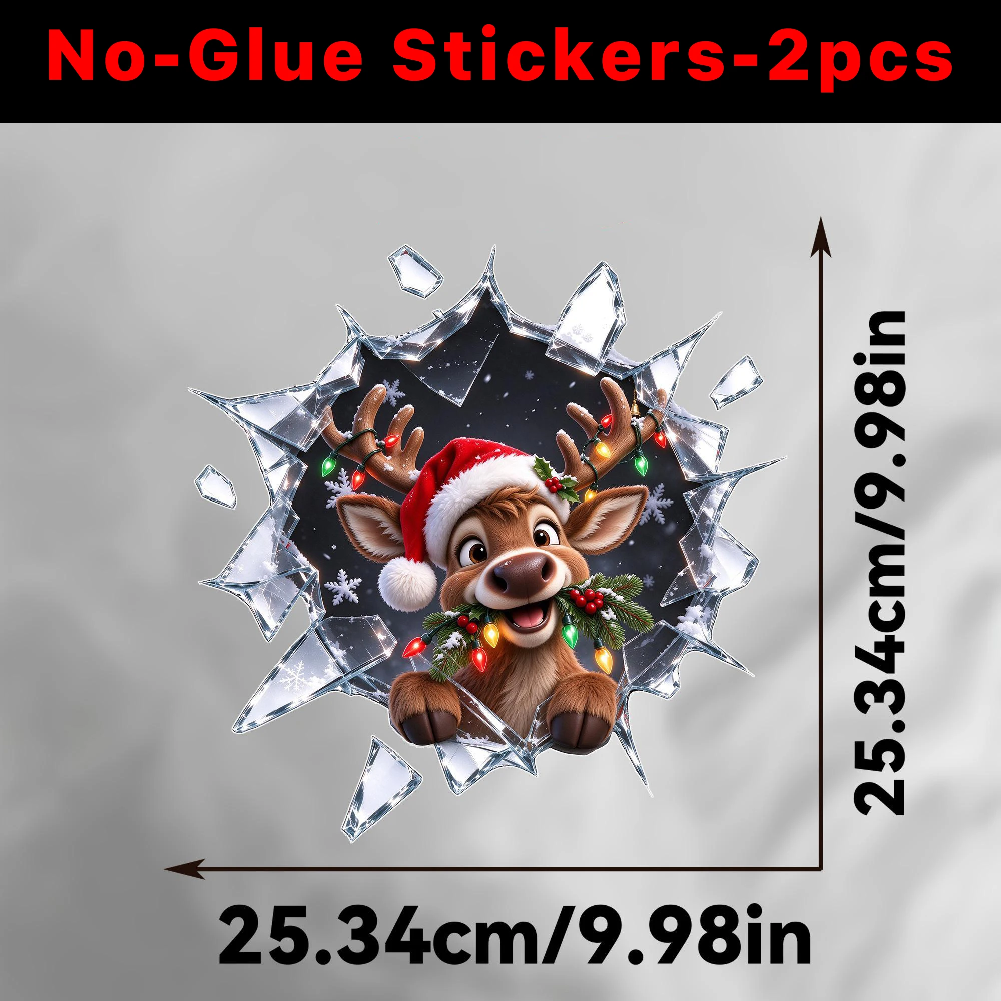 Christmas Window Cling Sticker 2D Shattered Glass Effect Cute Animals Santa Hat Peeking Snowflakes Door Decal Removable Reusable