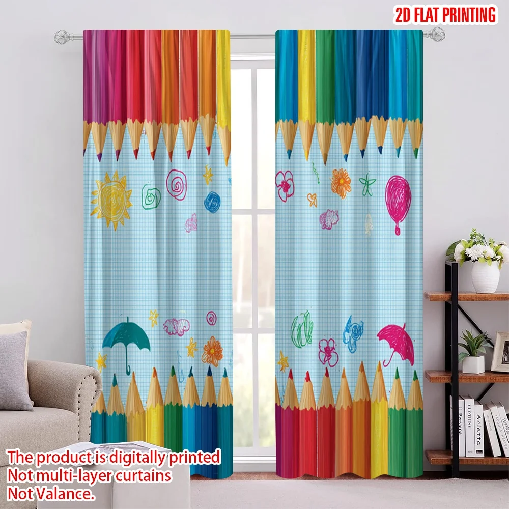 2 Stück 2D-Flachdruck-Vorhänge, Bleistiftgezeichnete Zeichnungen, digital bedruckte Polyester-Vorhänge, saisonale Party- und Urlaubsdekoration für den Urlaub