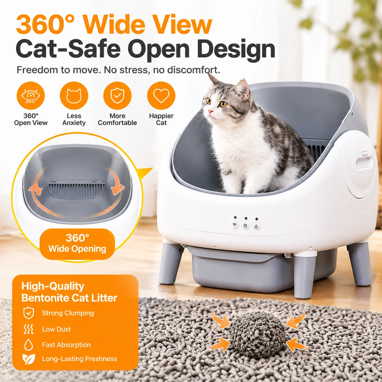 Smart Automatic Cat Litter Box Self Cleaning Pet Toilet with LCD Status Display App Control Safety Sensors for Multiple Cats
