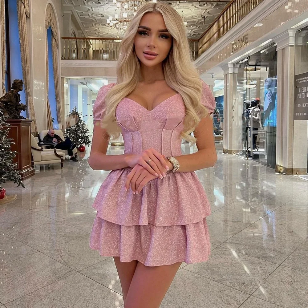 Katerina Summer Girls' Wear Homecoming Dresses Short Sleeve Graduation Cocktail Party Women Tiered Mini Night Club Gowns