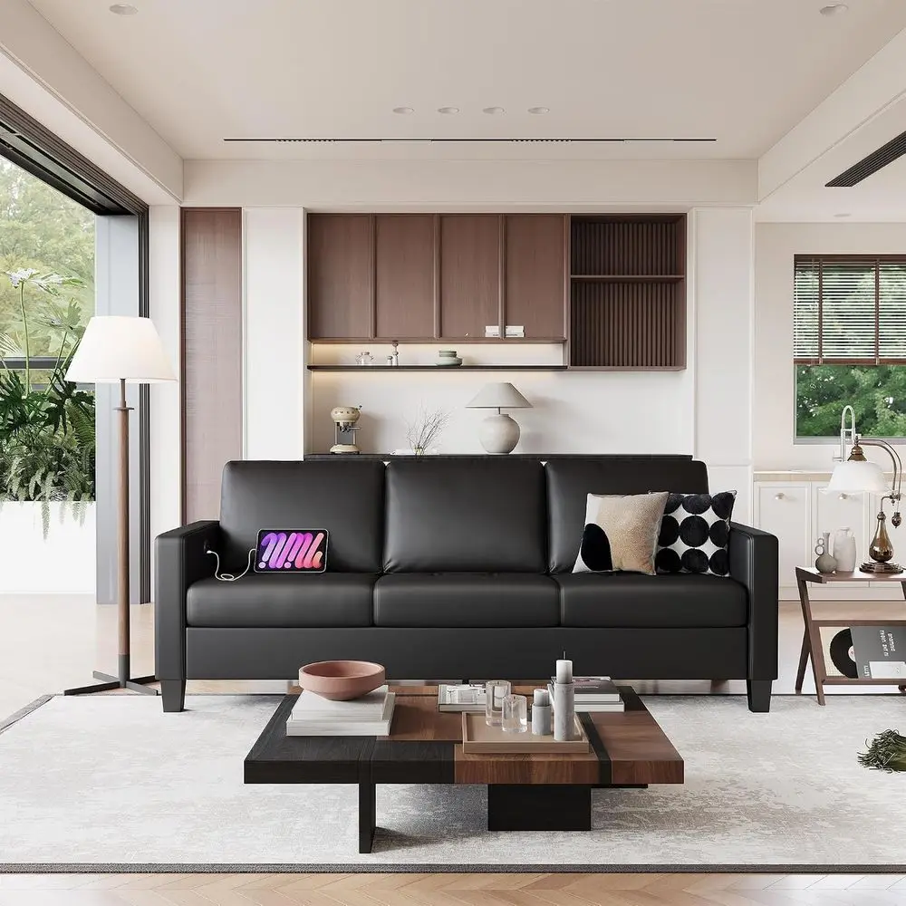 

73 Black Leather 3-Seater Sofa with Tufted Armrests and USB Port for Living Room or Bedroom