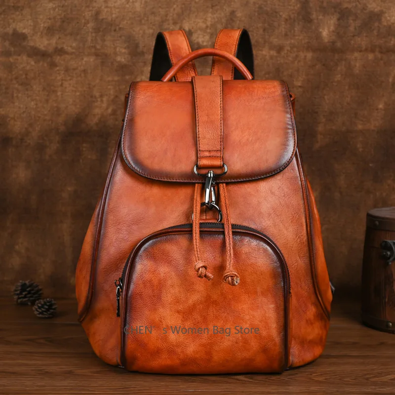 

Retro Genuine Leather Women Backpack Travel Bag 2025 New Leisure Large Capacity Cowhide Solid Color Backbag
