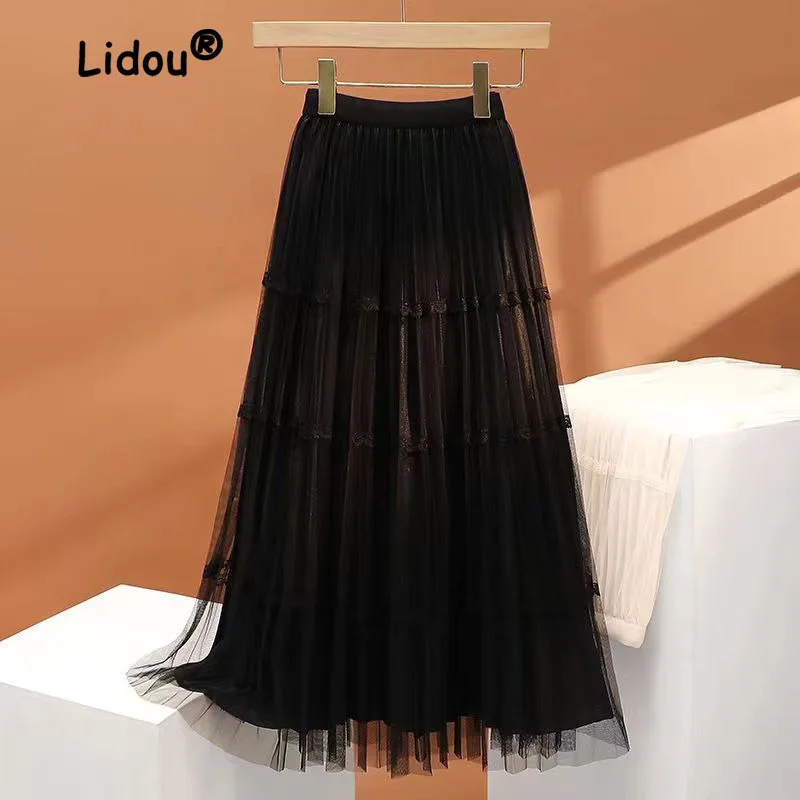 Pleated Skirt with Elastic Waist  Ladies Monochrome Gauze Slim Midi Skirt Korean Lace All-match Classic  Casual Summer Fashion