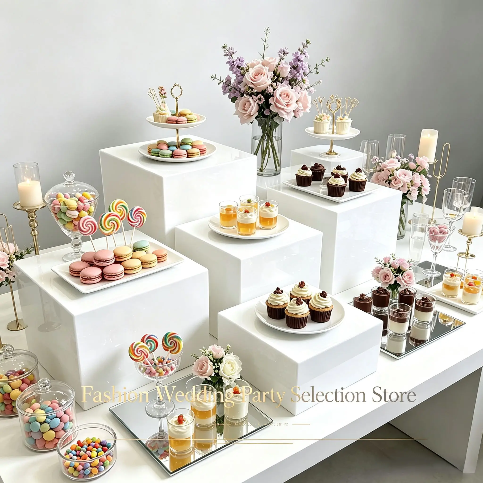 Big Size 8Pcs Acrylic Cube Display Holder Square Buffet Riser Dessert Cake Cookie Stand Wedding Catering Gift Showcase Decor