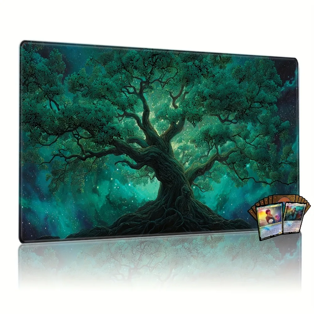 A celestial sacred tree game mat. Designed with a blue-green starry sky theme. Perfect for TCG and board games one piece playmat