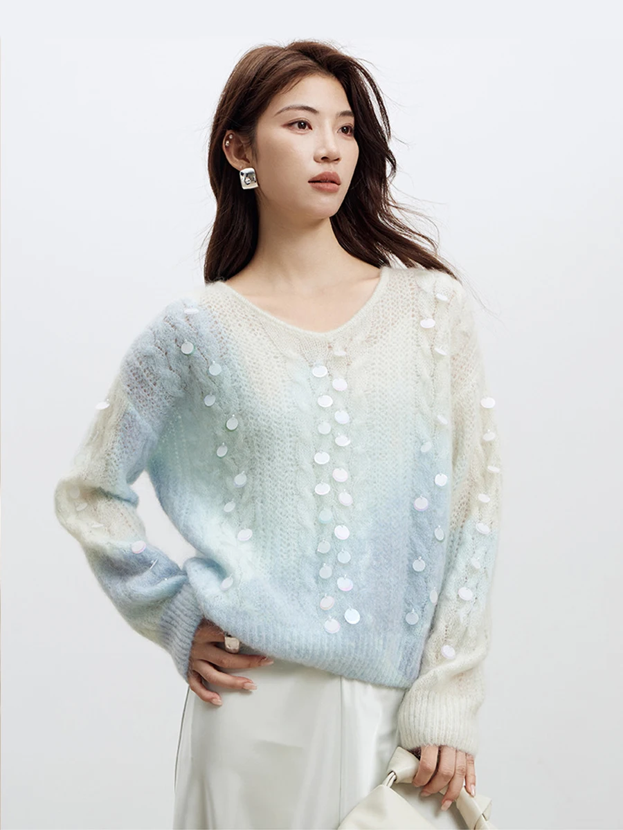 Women's Sweaters and Pullovers Sequins Loose Long Sleeve Sweaters Crewneck Autumn Winter Elegant Women's Clothing Jumper Tops
