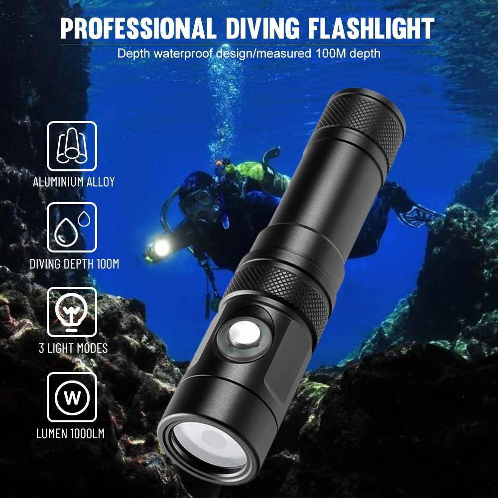 Asafee 100M Diving Flashlight SST20 LED 1000LM 100M Underwater IPX8 Waterproof Lamp Bulit-in Battery Rechargeable Torch
