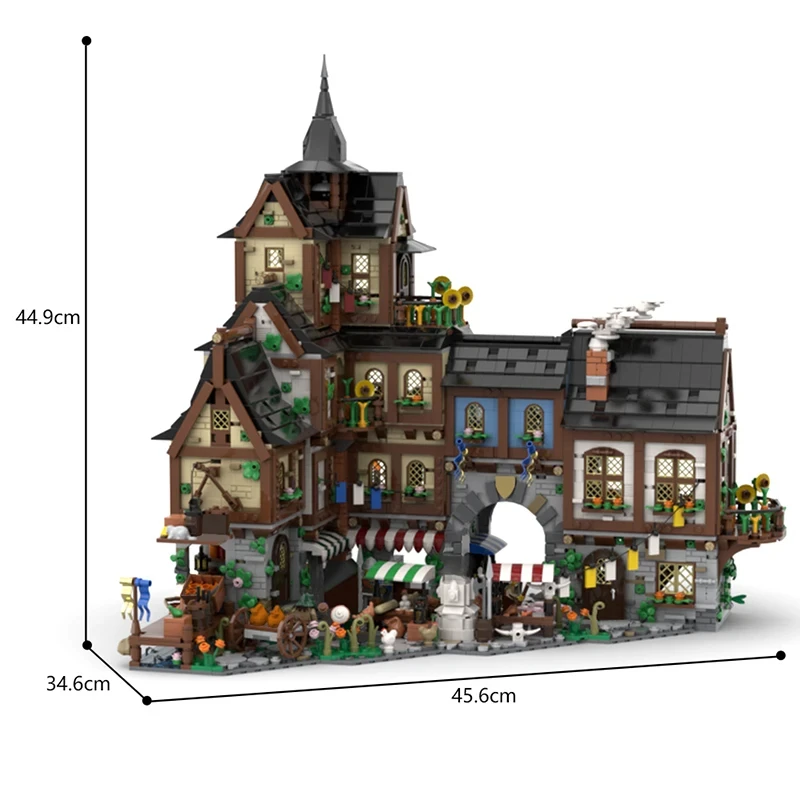 4745PCS City Architecture Medieval Town Centre Model Building Blocks Retro Street View House MOC-134085 Bricks Toys Kid Gifts