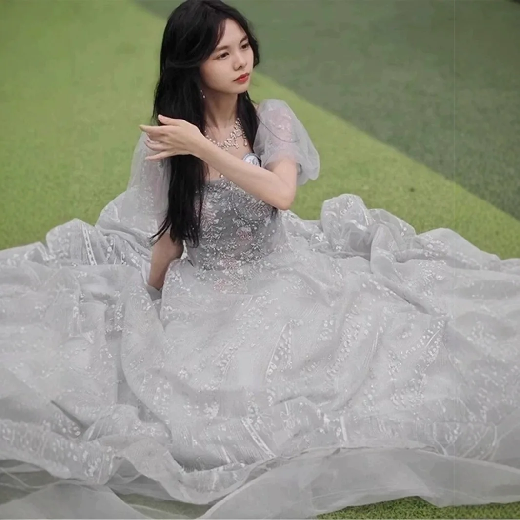 Abito da sera in garza blu 2024 Nuovo senso avanzato Giorno di laurea Cerimonia per adulti Esame d'arte Host Abbigliamento da donna