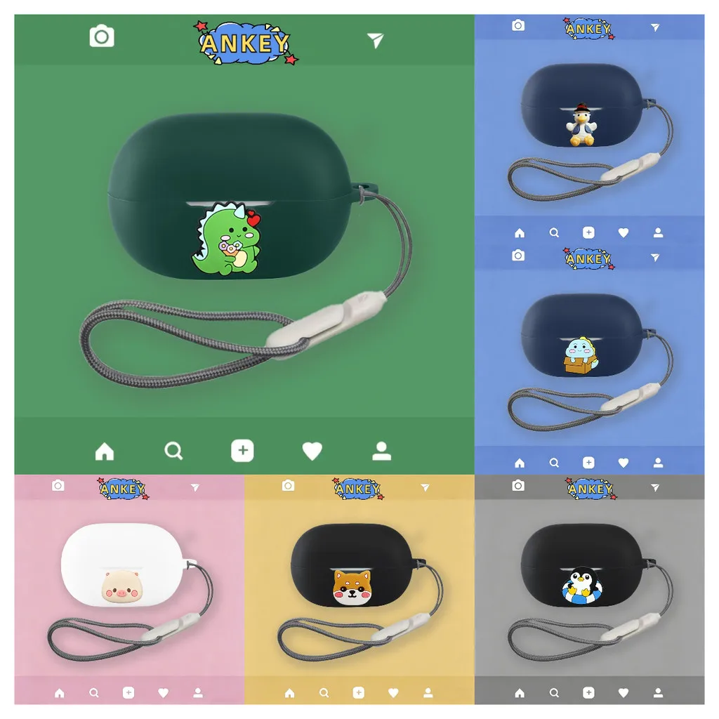 Совместим с наушниками QCY MeloBuds A30: силиконовый защитный чехол, премиальный нейлоновый шнурок, чехол с рисунком динозавра.