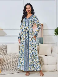 Eid Dubai muzułmańska sukienka damska Abaya sznurowana Jalabiya długa sukienka z nadrukiem maroko Kaftan Vestidos Largo Ramadan suknia