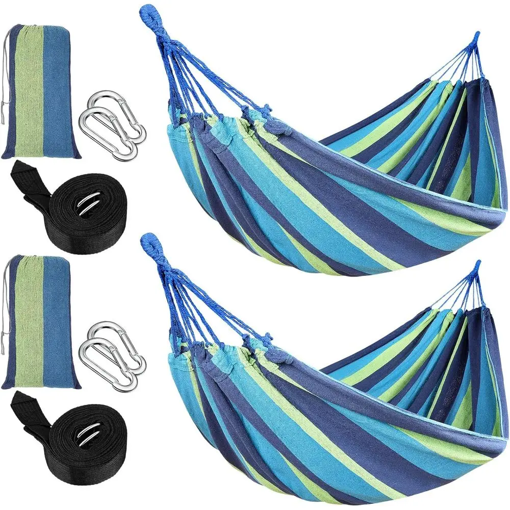 

2 Sets Cotton Canvas Hammock Large Double Hammock 400lbs Portable Camping Hammocks or Outside with Carrying Bag Sturdy Metal Kno