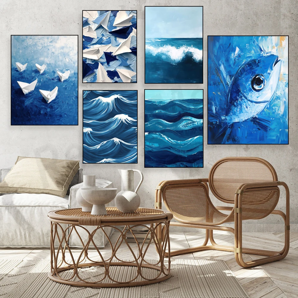 Nautical themed wall art, ocean waves and ships, abstract art, marine style blue poster wall art home decor