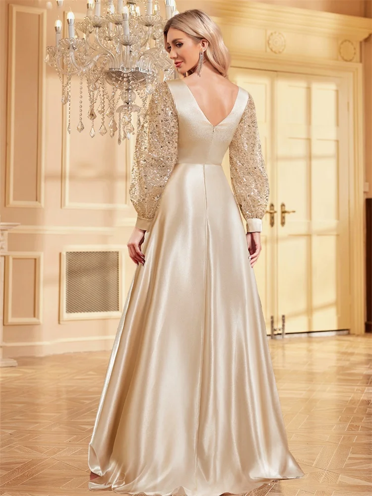 Lucyinlove PLUS ขนาด Luxury Gold V คอ Sequins FormaL ชุดราตรีผู้หญิง Elegant PARTY Maxi แขนยาวค็อกเทล Gowns