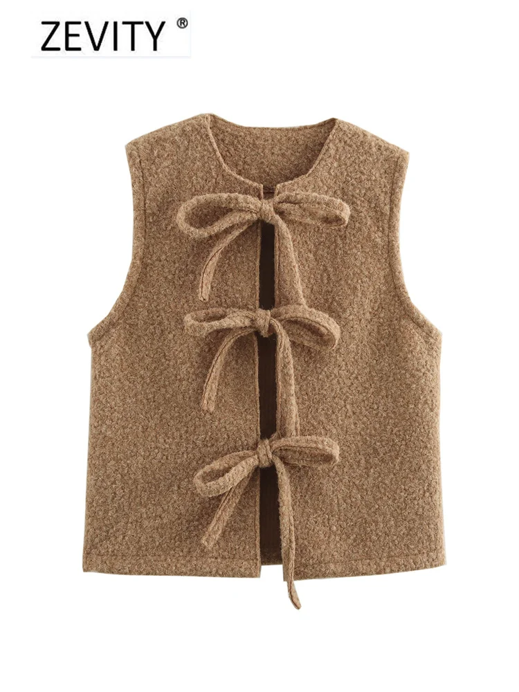 Zevity 2024 New Women Fashion O Neck Bow Decoration Sleeveless Woolen Vest Jacket Ladies Solid Casual Slim WaistCoat Tops CT7345