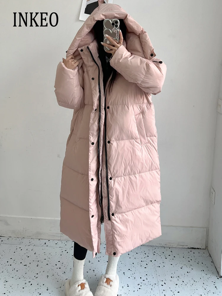 

Women's Long hooded down jacket Oversized 2023 Winter Casual 90% White duck down puffer coat Pink Parkas Warm Black INKEO 3O114