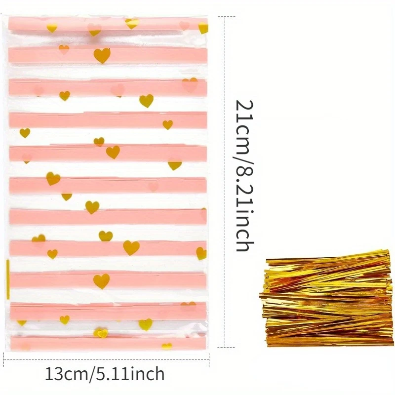 100 Pcs Pink Stripes and Hearts Pattern OPP Bag with Ties for Cookies Candy Popcorn Birthday Party Favor Bags Gift Giving