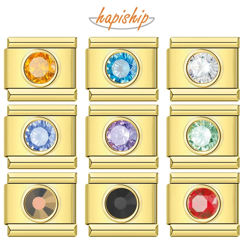 Hapiship 2025 Wholesale Colors Round Shiny CZ Italian Charm Links Fit 9mm Stainless Steel Bracelet Drop Shipping Jewelry DJ1444