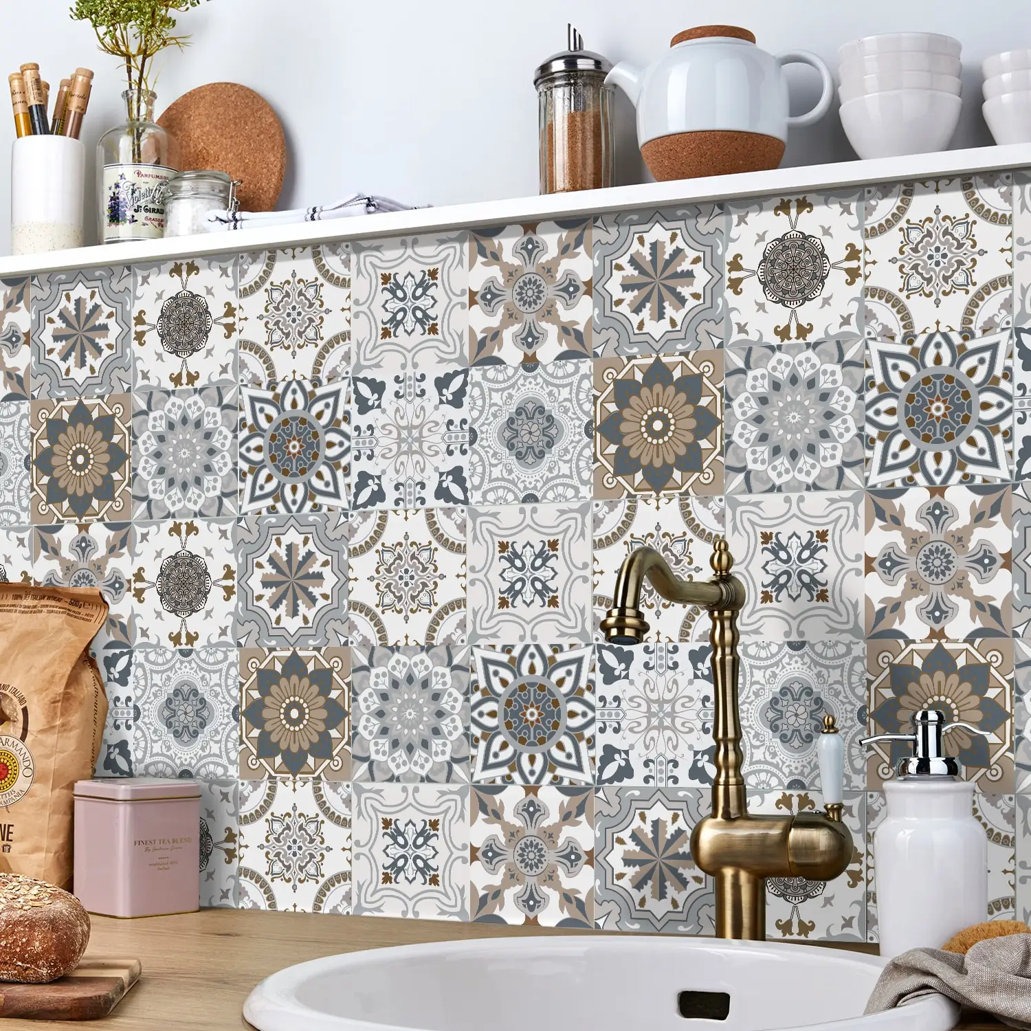 Morandi Retro Blumenfliesen-Wandaufkleber Europäisches Kunstmuster Selbstklebender Keramikfliesen-Aufkleber Hintergrund-Wandaufkleber – Detail 9