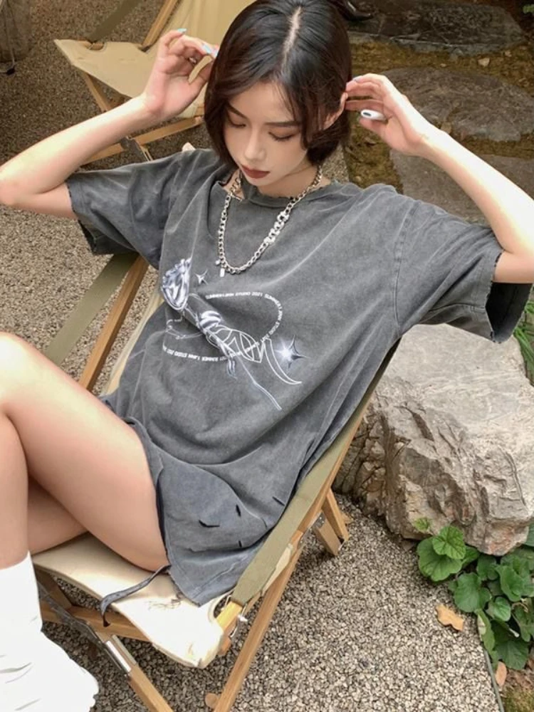 Punk Gothic Y2k Tees Off Shoulder Hole Flower Print Gyaru Oversized Female Tops Harajuku Vintage 2000s Summer T Shirts Clothing