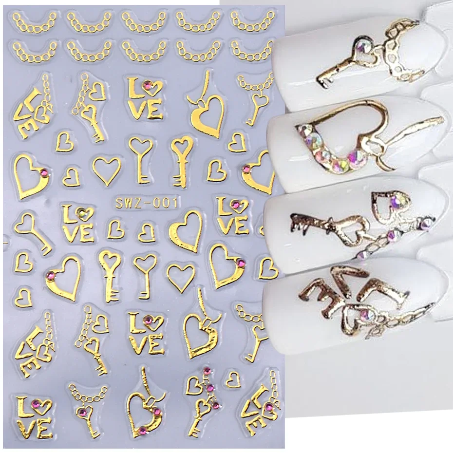 Gouden Valentijnsdag Strass Nagelsticker 3D Bronzing Liefde Hart Sleutelhanger Strik Gem Sieraden DIY Y2K Holografische Nageldecoratie