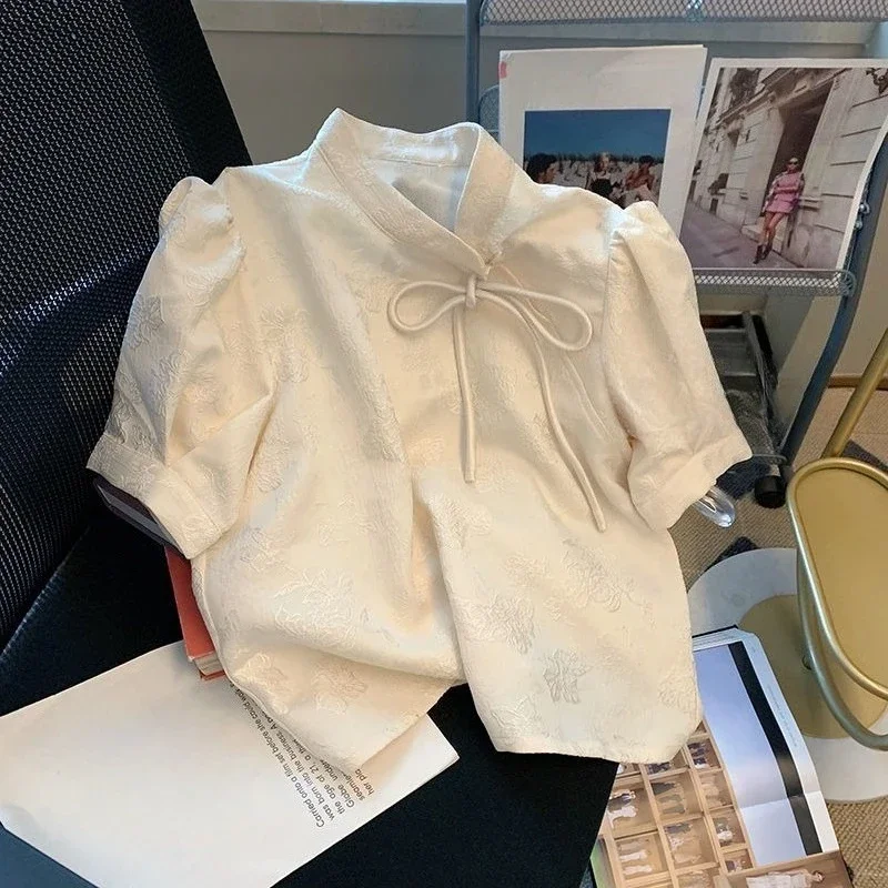 

Blouses Women Chinese Style All-match Irregular Elegant Summer Vintage Streetwear Casual Solid Mandarin Collar Ladies Chic Tops