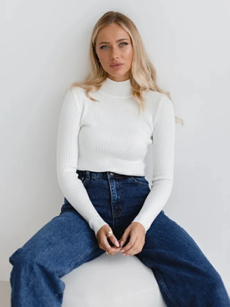 

Autumn Winter Mock Neck Women Sweater Vintage Basic Solid Knitted Korean Tops Casual Slim Pullover Sweaters Simple Chic Jumpers