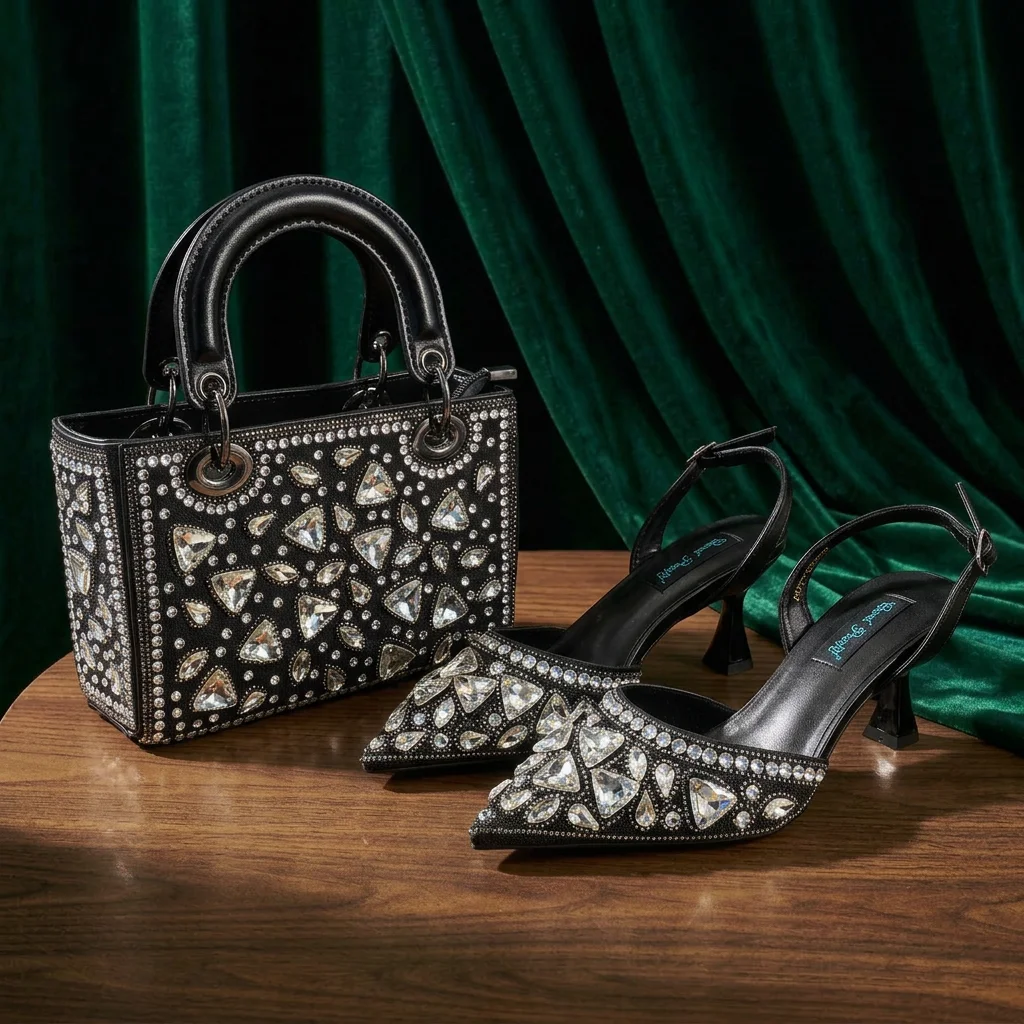 Women Sparkly Triangle Rhinestone Pointed Slingback Bling Handheld Bag Ideal For Wedding Party Matching Shoes Heels and Bag Set