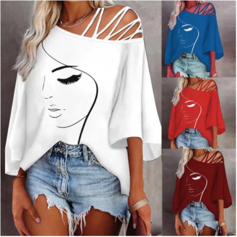 Women's Fashion Tees Casual Top 2024 Summer Print Hollow Out Female Sexy Loose T-shirt  T Shirt For Women Tシャツ T Shirt Feminina