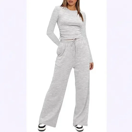 صيف 2025 المرأة العصرية طويلة الأكمام الجولة الرقبة قطعتين مجموعة لون نقي تنوعا الملابس مريحة تناسب ملابس نسائية