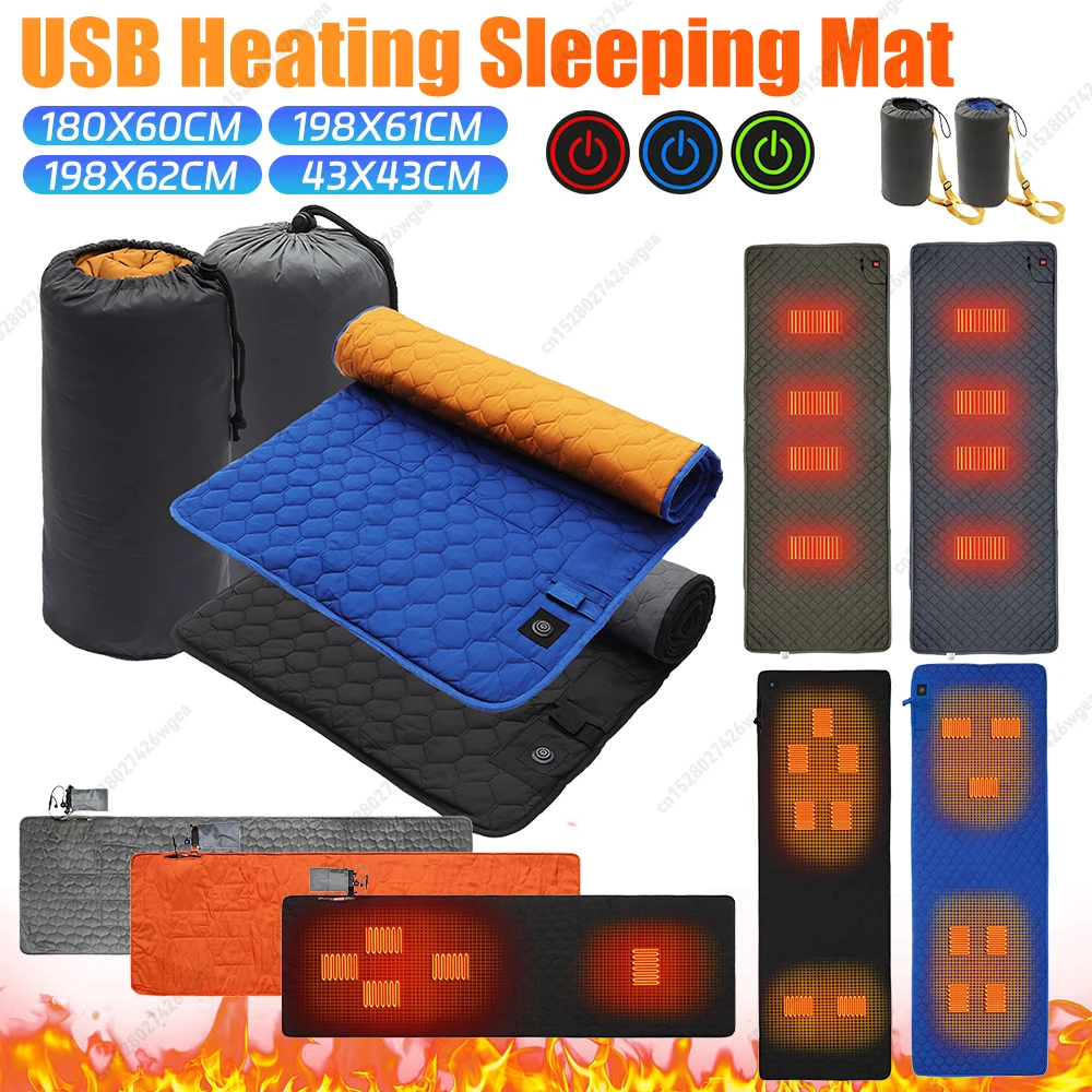 USB Heating Camping Sleeping Mat Outdoor Winter 3-Level Adjustable Warmer Heated Blanket Travel Hiking 7 Zone Areas Heating Pad