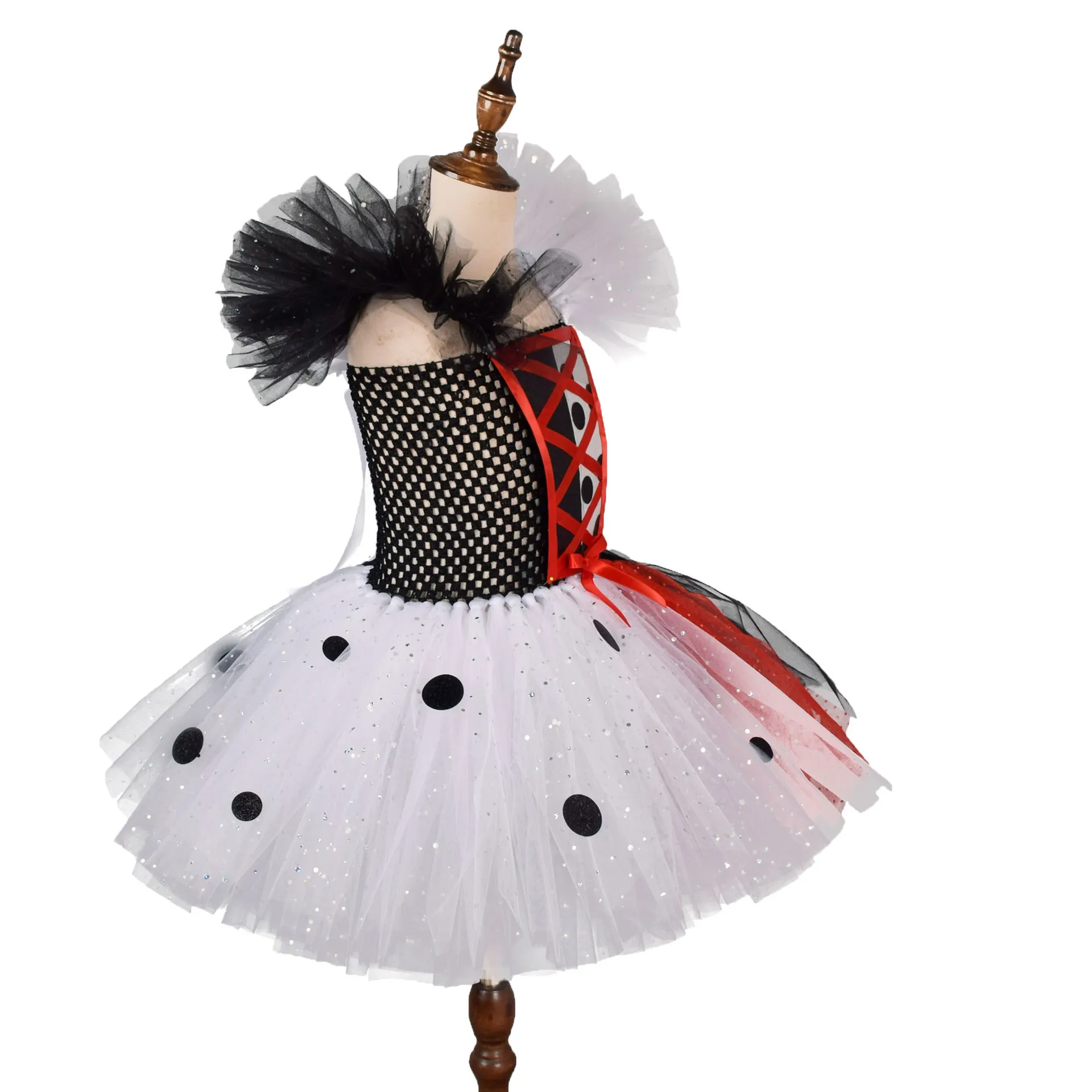 Girls Halloween Cruella Cosplay Costumes Girls Party Tutu Dress Black And White Tulle Frocks Kids Evil Role Playing Outfits