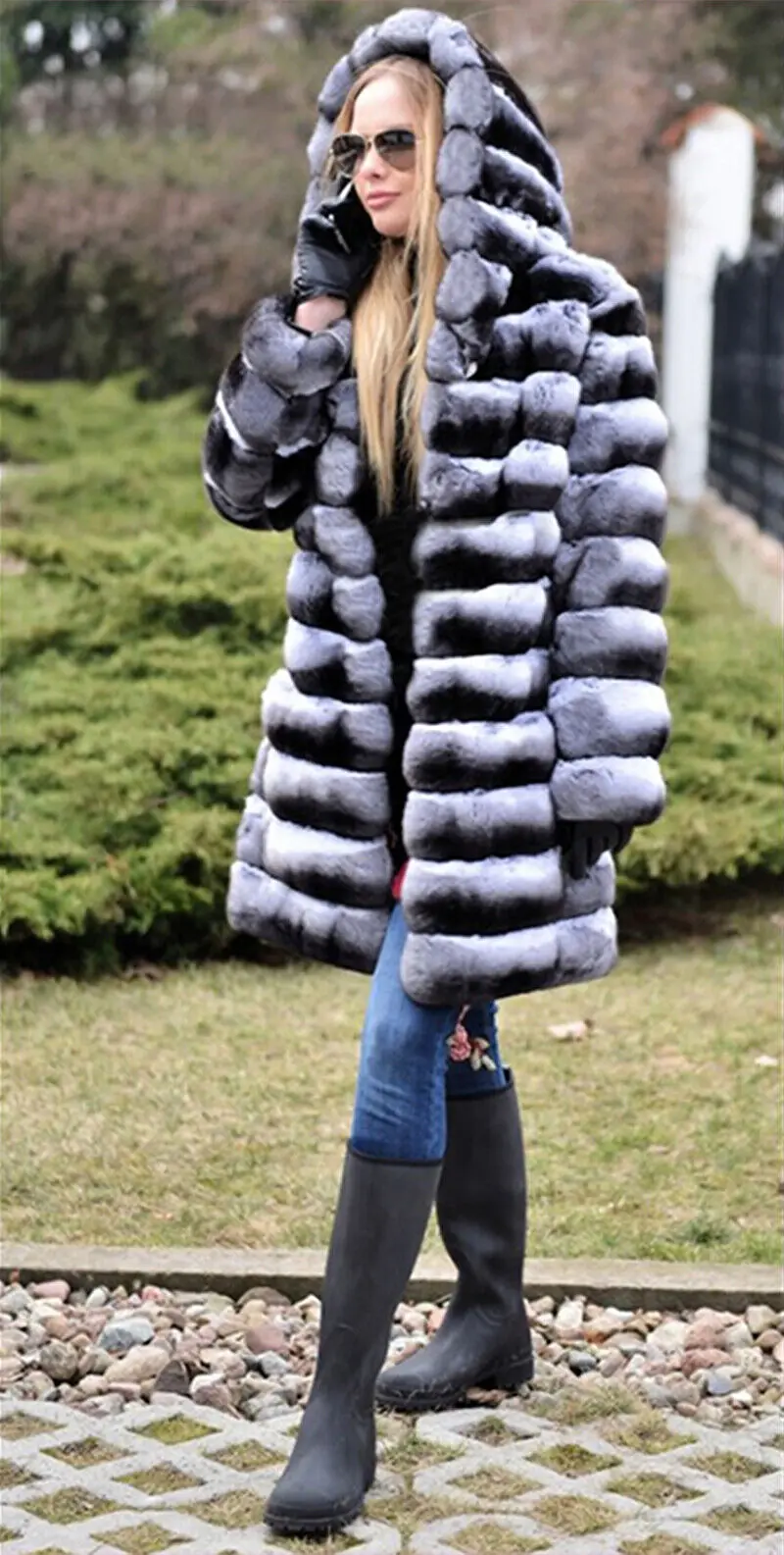 Women Real Rex Rabbit Fur Coat Fashion Chinchilla Hooded Jacket Winter Thick Natural Fur Warm Overcoat Lady Genuine Fur Outwear