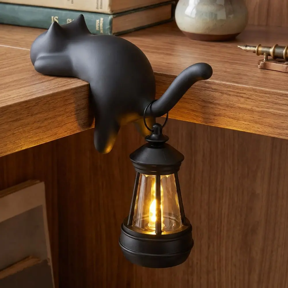 3D Printed Cat-Shaped Wall Hook Cute Inverted Hanging Wall Key Rack with Lantern Funny Wall Hanger Ornaments