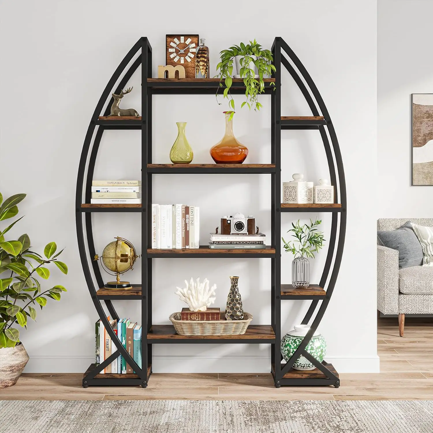 Suporte de planta de 5 camadas interno, grande prateleira de planta em forma de meia lua, rack de vaso de flores oval curvo industrial para sala de estar, varanda