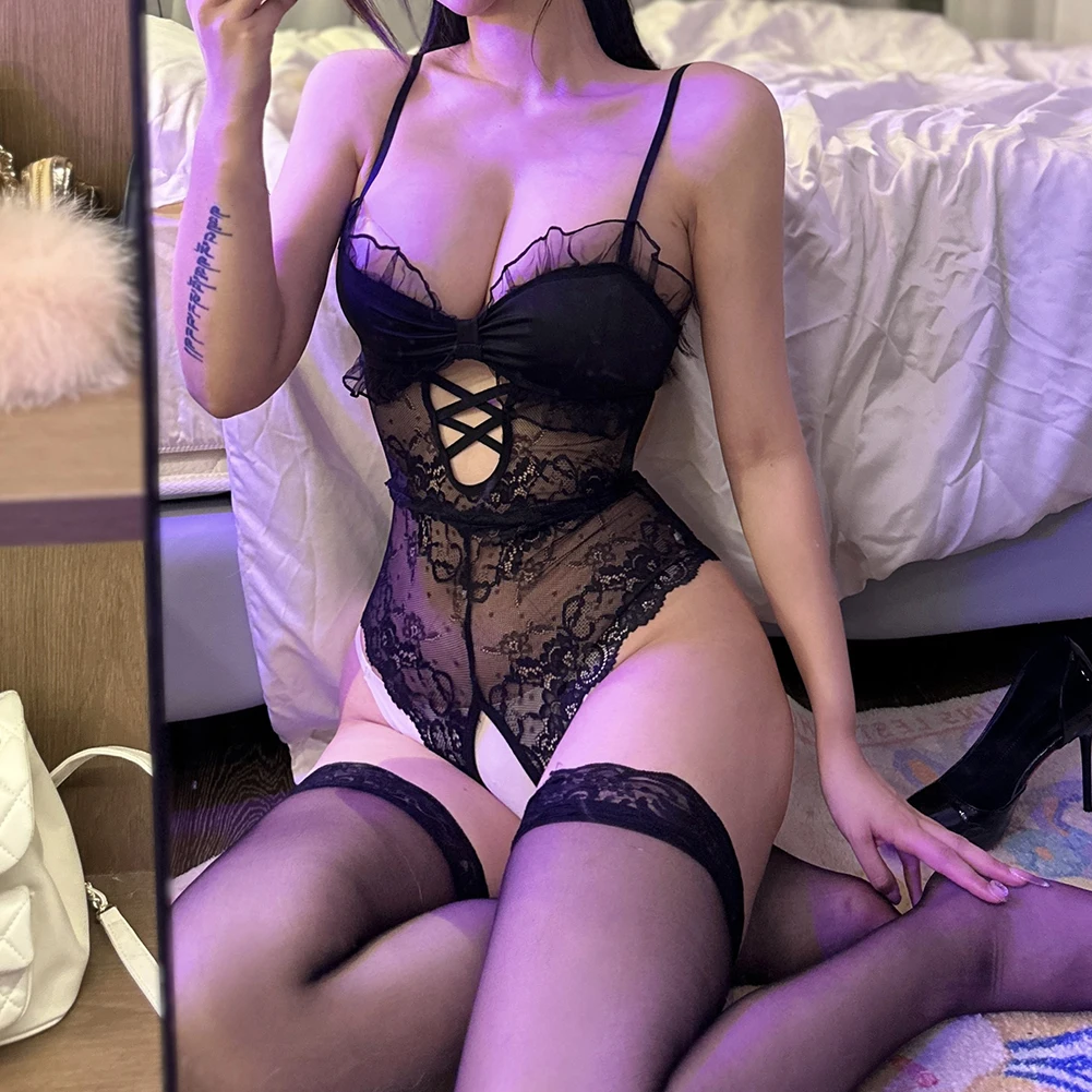 Womens Sexy Lingerie Bow Lace Bodysuit Hollow Suspenders Open Crotch Women Secret Clothes Sleepwear Erotic Brazilian Underwear