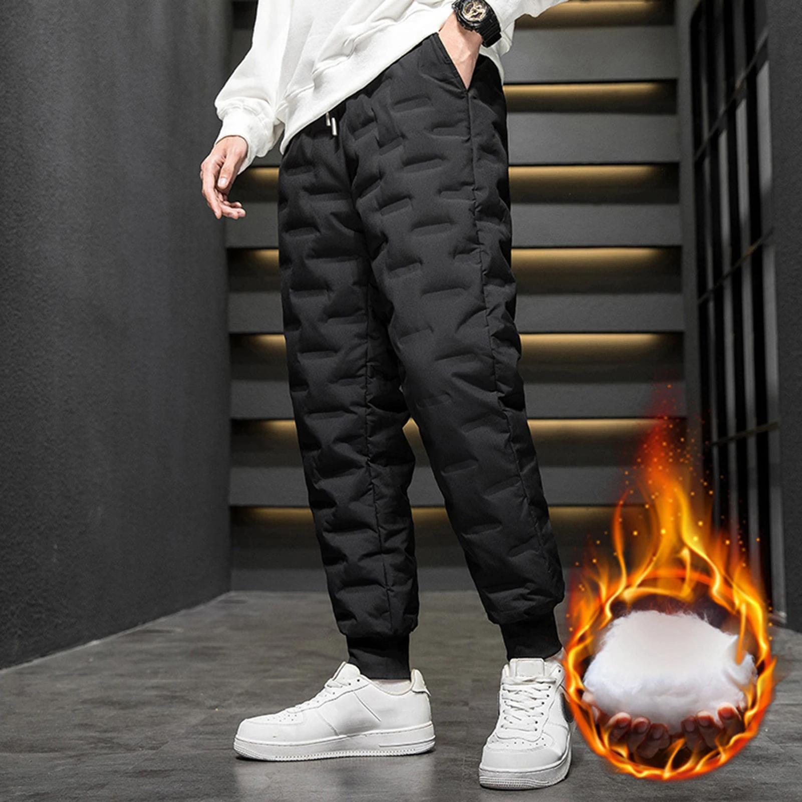 Men's Relaxed Fit Thicken Pants Winter Cotton Padded Windproof Snow Pants for Working Traveling Wear