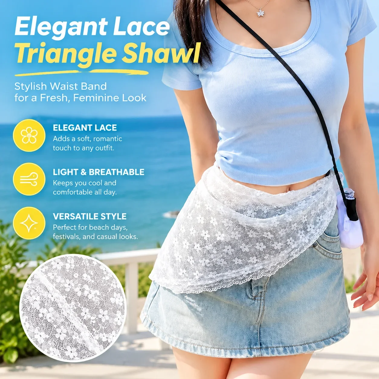 Elegant Lace Triangle Headscarf Shawl with Mesh Waist Apron Overlay Hem Skirt Soft Gauze Hip Cover Stylish Female Waist Band