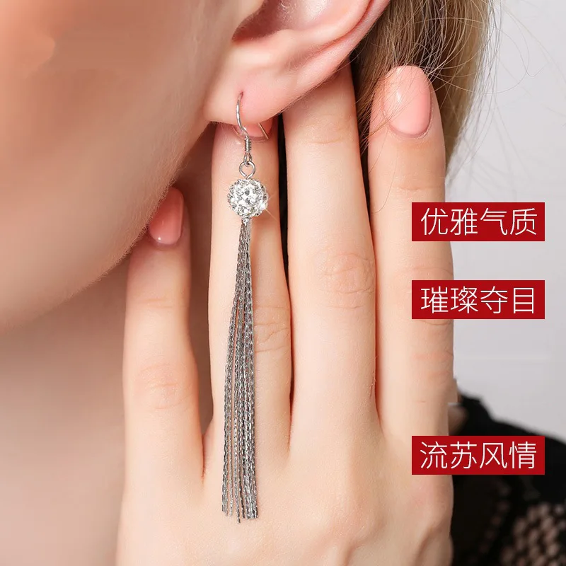 925 Sterling Silver Fringed Stud Earrings Long Full Diamond Embellished Silver Earrings Elegant Jewelry for Women