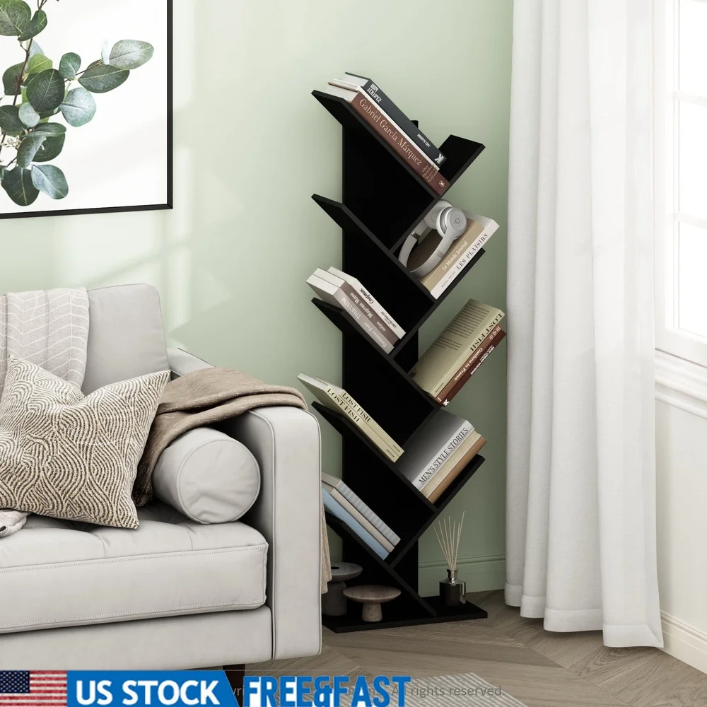 

Modern 9-Tier Tree Design Bookshelf Corner Bookcase Small Spaces Home Office Living Room Lightweight Easy Assembly