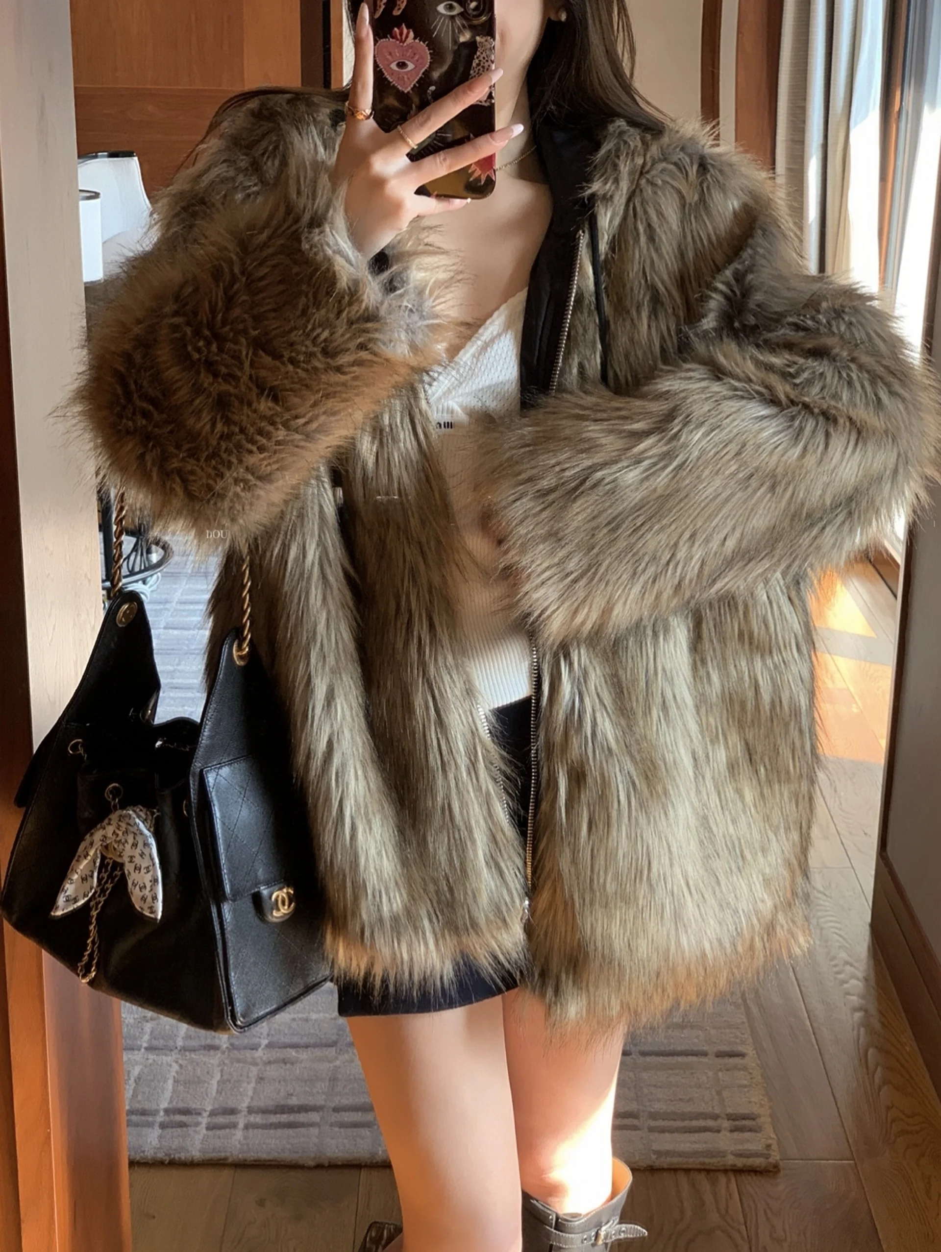

Thiened Zipper Fur Jaet with Hat for Women Environmental Protection Youth Sle Long Sve Mid-Length Coat