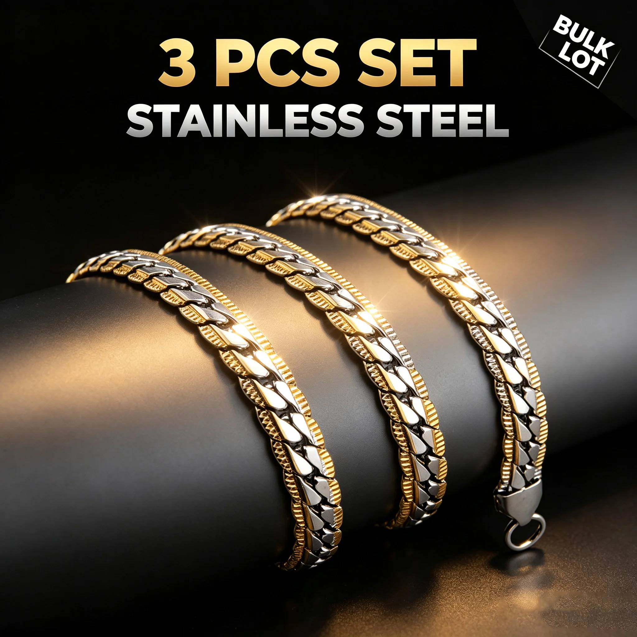 3Pcs Wholesale 316L Stainless Steel 5mm Embossed NK Chain 60cm Two‑Tone Gold Bulk Necklace DIY Jewelry Making Supplies