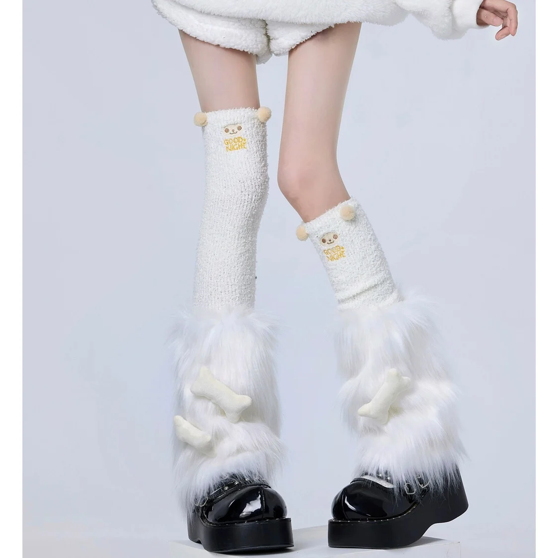 Tube Socks Women's Striped Stitching Black Leg Cartoon Bone Element Bandage Panda Thickened Warm Knee Socks Fashion All-Match1Pc