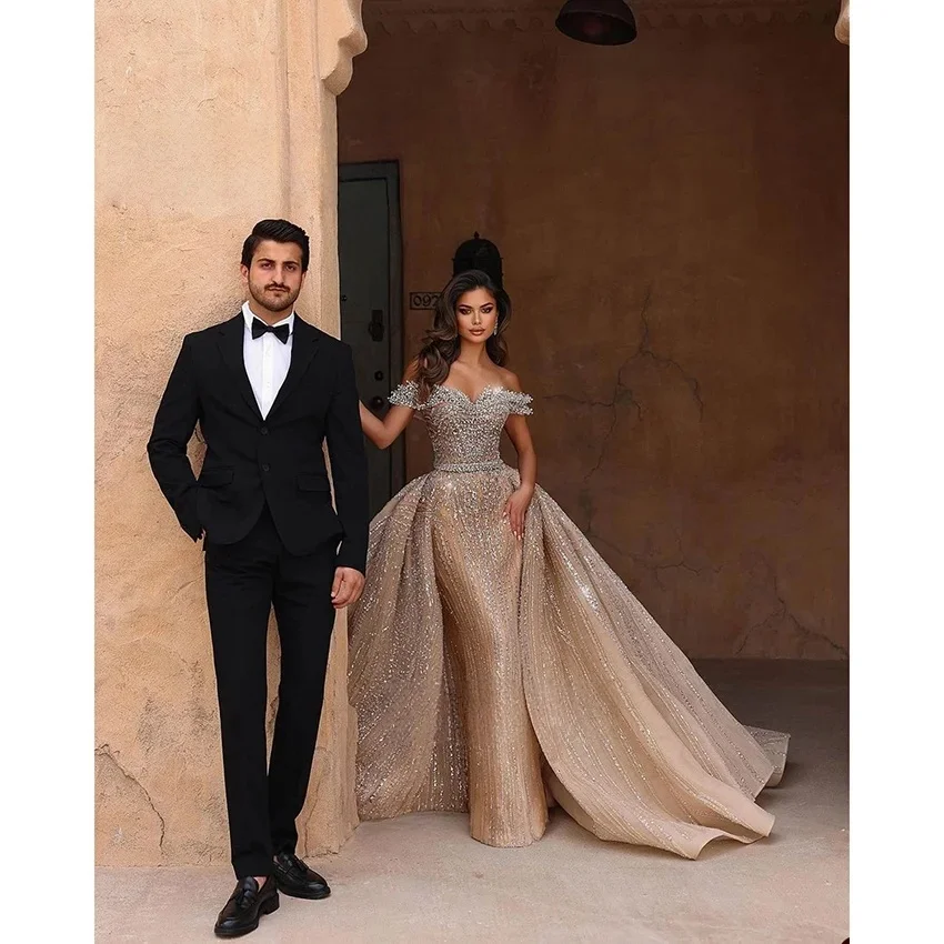 Champagne Wedding Dresses Off The Shoulder Beaded Detachable Bridal Gown Saudi Arabia Dubai Islamic Vestido De Noiva Customized