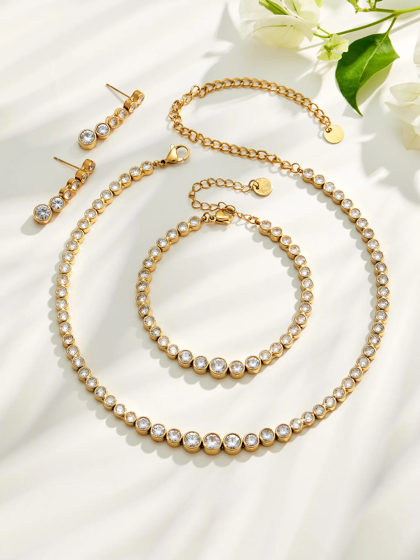 Boho Farbiger Zirkon Tennis-Schmuckset für Damen 18K Vergoldetes Edelstahl Farbverlauf Runde CZ Halskette Armband Ohrringe – Detail 21