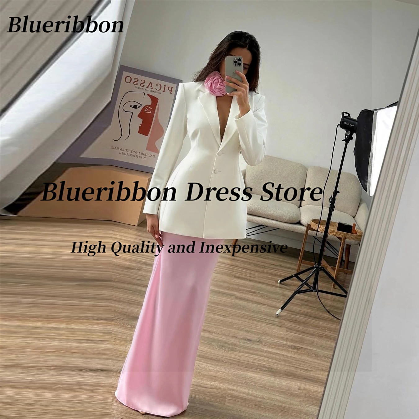 

Blueribbon Two Pieces Evening Dresses 2024 Lapel V Neck Buttons Formal Occsion Dress Long Sleeves Prom Party Gowns