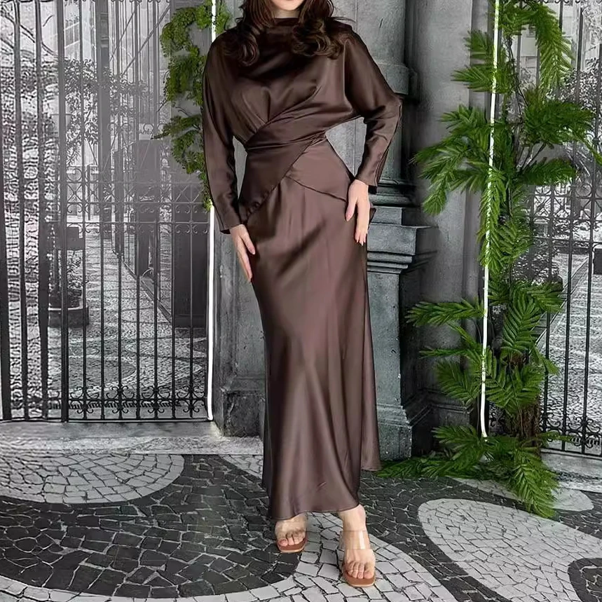 Eid Satin Muslim Two Piece Set for Women Abaya Morocco Party Skirt Ramadan Dress Sets Abayas Kaftan Islam Dubai Arab Long 2024