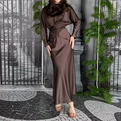 Eid Satin Muslim Two Piece Set for Women Abaya Morocco Party Skirt Ramadan Dress Sets Abayas Kaftan Islam Dubai Arab Long 2024