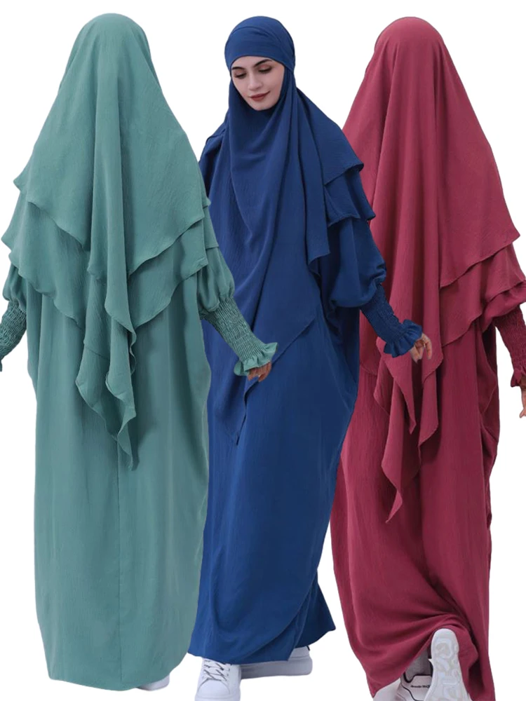 

Eid Prayer Garment Muslim Women Long Khimar +Prayer Dress Abaya 2 Piece Set Abayas Hijab Ramadan Kaftan Djellaba Vestidos